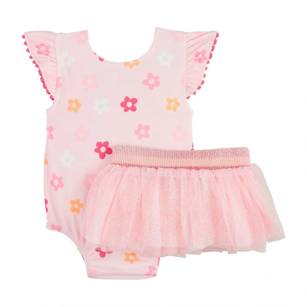 Mud Pie Toddler Girl Reversible Checkerboard Floral Tutu Swimsuit 2T 3T 4T 5T